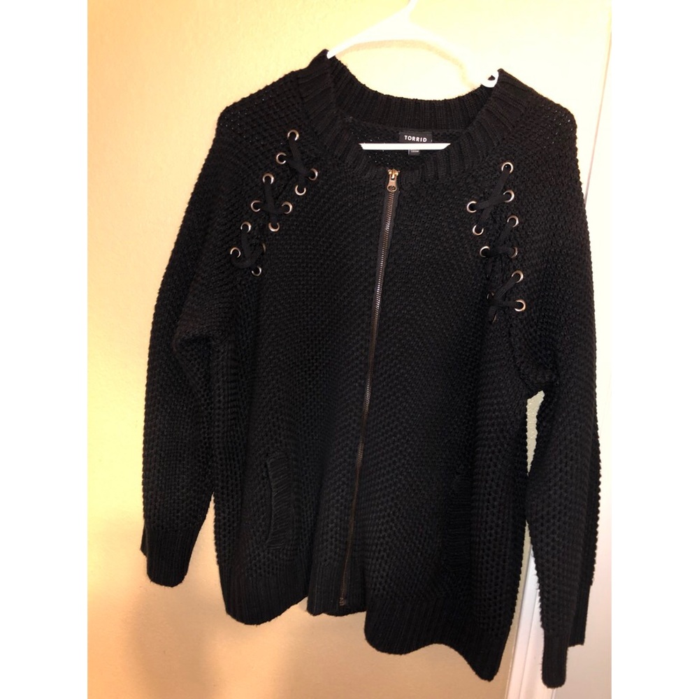 Lace Up Shoulder Sweater Knit Bomber Jacket